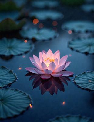 The primary subject of the image is a single pink flower floating on top of a body of water, surrounded by a few other flowers. The setting is a serene pond or lake, with the water reflecting the flowers and creating a peaceful atmosphere. The visual style is a close-up of the flower, with a focus on its details and beauty. The colors are predominantly pink, which adds a sense of warmth and tranquility to the scene.